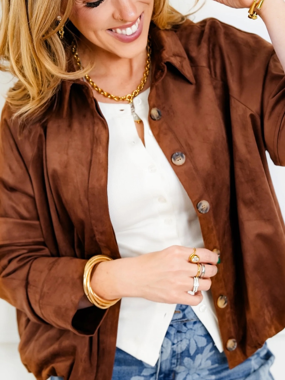 Lumiere Brown Vegan Suede Button Front Jacket